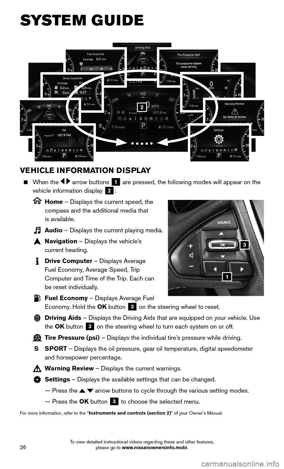 NISSAN MAXIMA 2016 A36 / 8.G Quick Reference Guide 26
VEHICLE INFORMATION DISPLAY
    When  the   arrow buttons 1 are pressed, the following modes will appear on the 
vehicle information display 2:
    Home – Displays the current speed, the 
compass