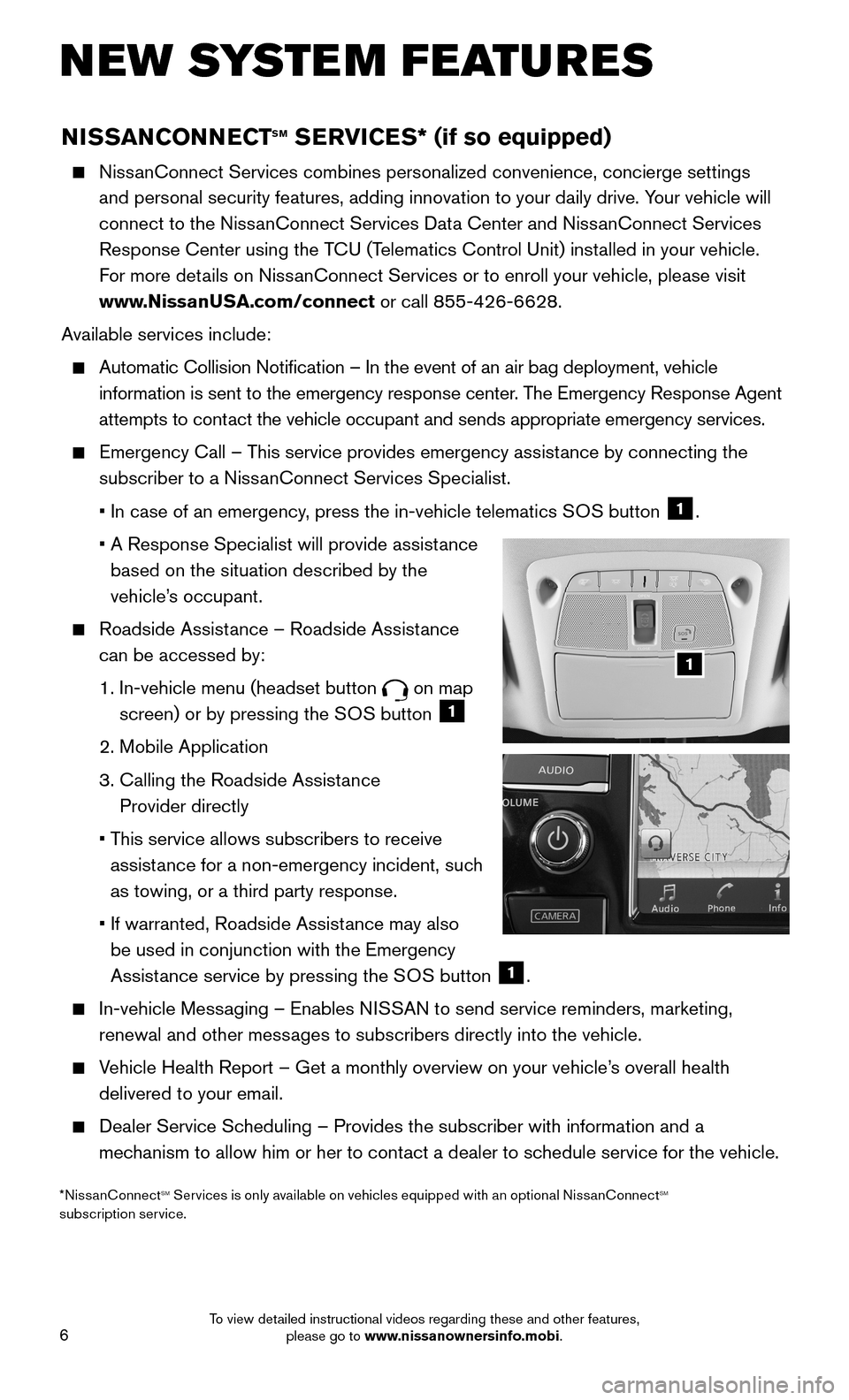 NISSAN MAXIMA 2016 A36 / 8.G Quick Reference Guide 6
NISSANCONNECTsm sERVICEs* (if so equipped)
NissanConnect Services combines personalized convenience, concierge settings\
and personal security features, adding innovation to your daily drive. NISSAN MAXIMA 2016 A36 / 8.G Quick Reference Guide 6
NISSANCONNECTsm sERVICEs* (if so equipped)
NissanConnect Services combines personalized convenience, concierge settings\
and personal security features, adding innovation to your daily drive.