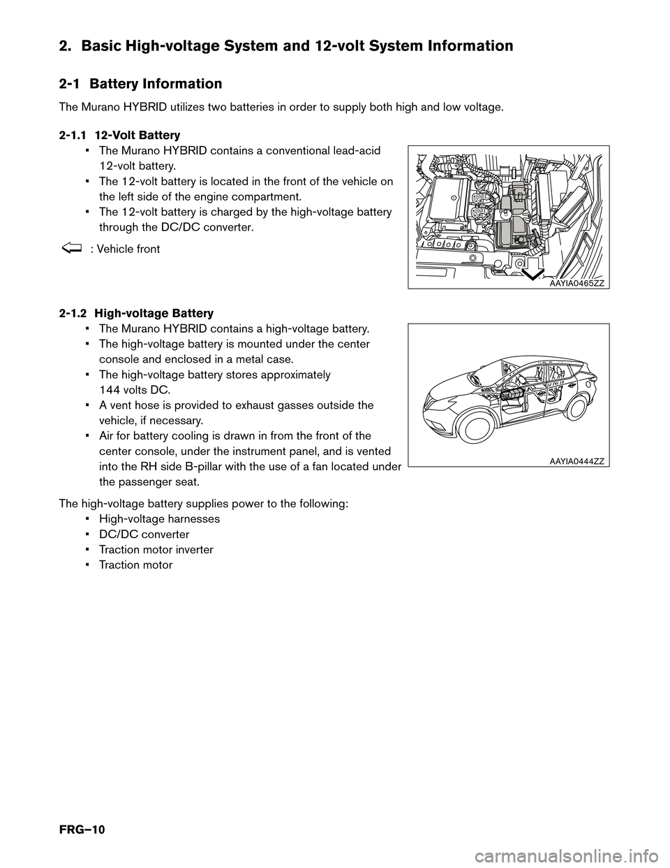 NISSAN MURANO HYBRID 2016 3.G First Responders Guide 2. Basic High-voltage System and 12-volt System Information
2-1
Battery Information
The Murano HYBRID utilizes two batteries in order to supply both high and low voltage.
2-1.1 12-Volt Battery • The NISSAN MURANO HYBRID 2016 3.G First Responders Guide 2. Basic High-voltage System and 12-volt System Information
2-1
Battery Information
The Murano HYBRID utilizes two batteries in order to supply both high and low voltage.
2-1.1 12-Volt Battery • The