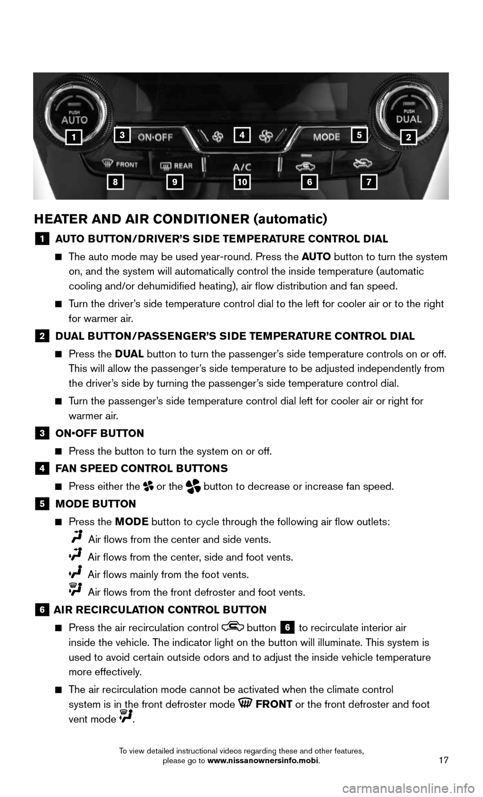 NISSAN MURANO HYBRID 2016 3.G Quick Reference Guide 17
HEATER AND AIR CONDITIONER (automatic)
1 AUTO BUTTON/DRIVER’S SIDE TEMPERATURE CONTROL DIAL
The auto mode may be used year-round. Press the AUTO button to turn the system
on, and the system NISSAN MURANO HYBRID 2016 3.G Quick Reference Guide 17
HEATER AND AIR CONDITIONER (automatic)
1 AUTO BUTTON/DRIVER’S SIDE TEMPERATURE CONTROL DIAL
The auto mode may be used year-round. Press the AUTO button to turn the system
on, and the system