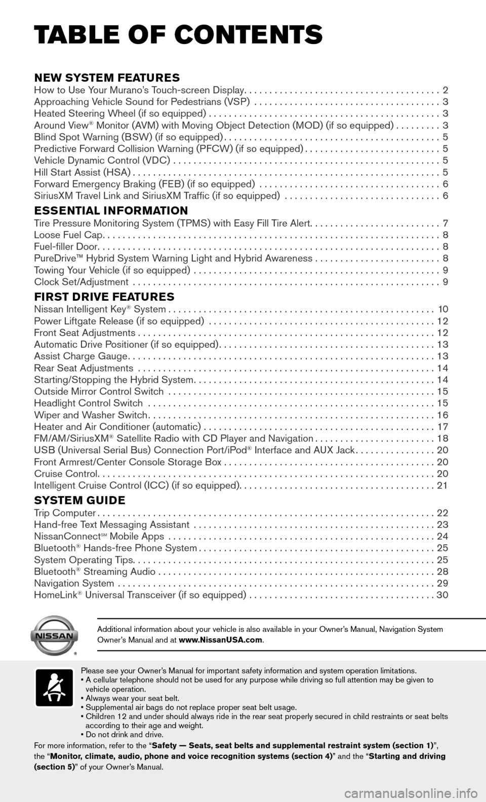 NISSAN MURANO HYBRID 2016 3.G Quick Reference Guide Please see your Owner’s Manual for important safety information and system operation limitations.• A cellular telephone should not be used for any purpose while driving so\
full attention may be NISSAN MURANO HYBRID 2016 3.G Quick Reference Guide Please see your Owner’s Manual for important safety information and system operation limitations.• A cellular telephone should not be used for any purpose while driving so\
full attention may be