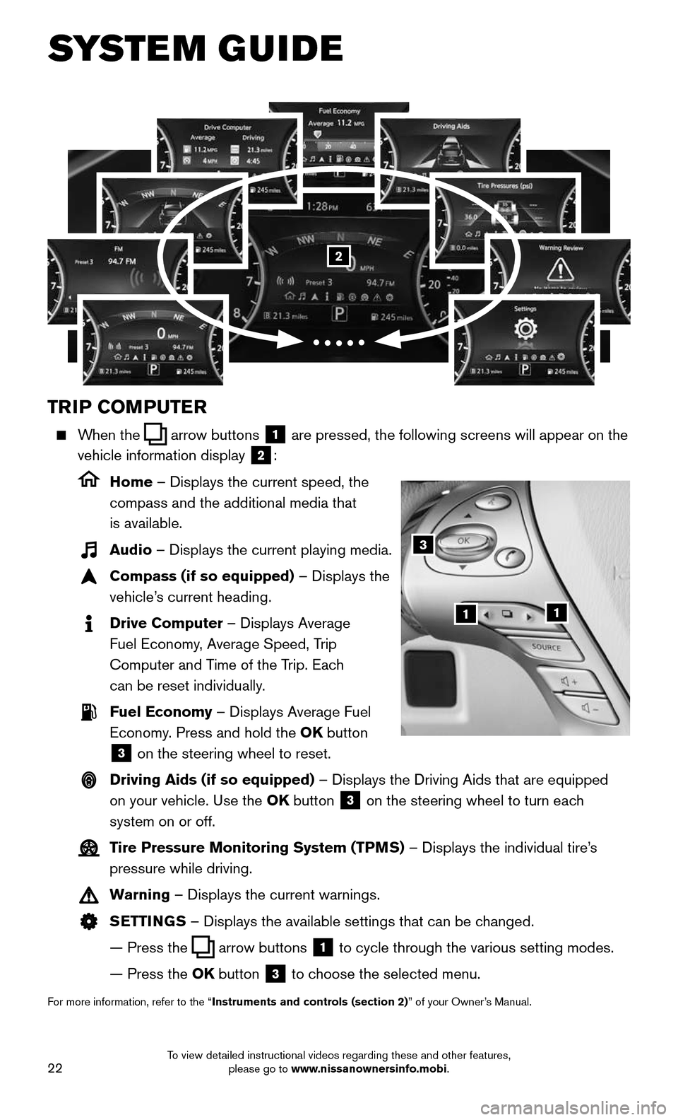 NISSAN MURANO HYBRID 2016 3.G Quick Reference Guide 22
SYSTEM GUIDE
TRIP COMPUTER
When the arrow buttons 1 are pressed, the following screens will appear on the
vehicle information display
2:
Home – Displays the current speed, the
compas NISSAN MURANO HYBRID 2016 3.G Quick Reference Guide 22
SYSTEM GUIDE
TRIP COMPUTER
When the arrow buttons 1 are pressed, the following screens will appear on the
vehicle information display
2:
Home – Displays the current speed, the
compas