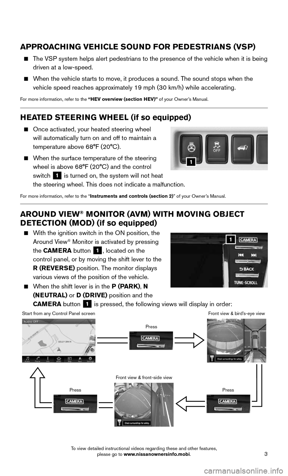 NISSAN MURANO HYBRID 2016 3.G Quick Reference Guide 3
AROUND VIEW® MONITOR (AVM) WITH MOVING OBJECT
DETECTION (MOD) (if so equipped)
With the ignition switch in the ON position, the
Around View® Monitor is activated by pressing
the CAMERA but NISSAN MURANO HYBRID 2016 3.G Quick Reference Guide 3
AROUND VIEW® MONITOR (AVM) WITH MOVING OBJECT
DETECTION (MOD) (if so equipped)
With the ignition switch in the ON position, the
Around View® Monitor is activated by pressing
the CAMERA but