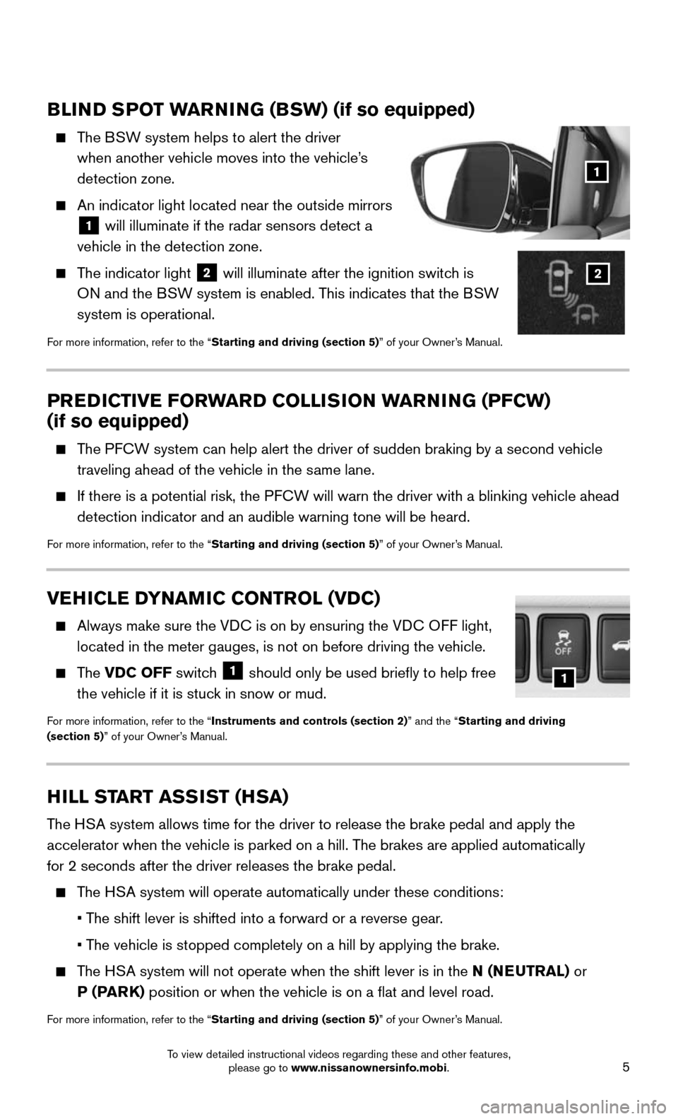 NISSAN MURANO HYBRID 2016 3.G Quick Reference Guide 5
BLIND SPOT WARNING (BSW) (if so equipped)
The BSW system helps to alert the driver
when another vehicle moves into the vehicle’s
detection zone.
An indicator light located near the outs NISSAN MURANO HYBRID 2016 3.G Quick Reference Guide 5
BLIND SPOT WARNING (BSW) (if so equipped)
The BSW system helps to alert the driver
when another vehicle moves into the vehicle’s
detection zone.
An indicator light located near the outs
