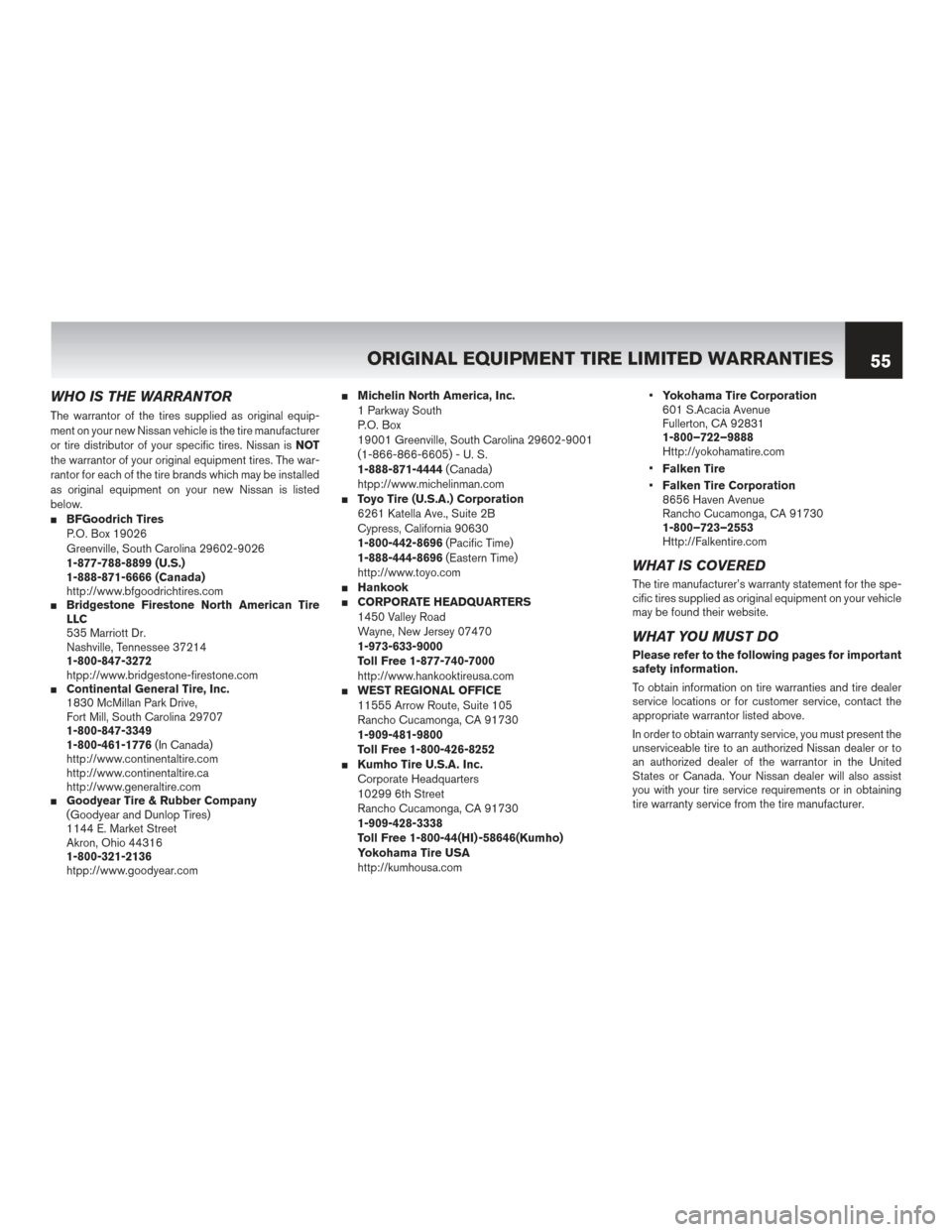 NISSAN MURANO HYBRID 2016 3.G Warranty Booklet WHO IS THE WARRANTOR
The warrantor of the tires supplied as original equip-
ment on your new Nissan vehicle is the tire manufacturer
or tire distributor of your specific tires. Nissan isNOT
the warran NISSAN MURANO HYBRID 2016 3.G Warranty Booklet WHO IS THE WARRANTOR
The warrantor of the tires supplied as original equip-
ment on your new Nissan vehicle is the tire manufacturer
or tire distributor of your specific tires. Nissan isNOT
the warran