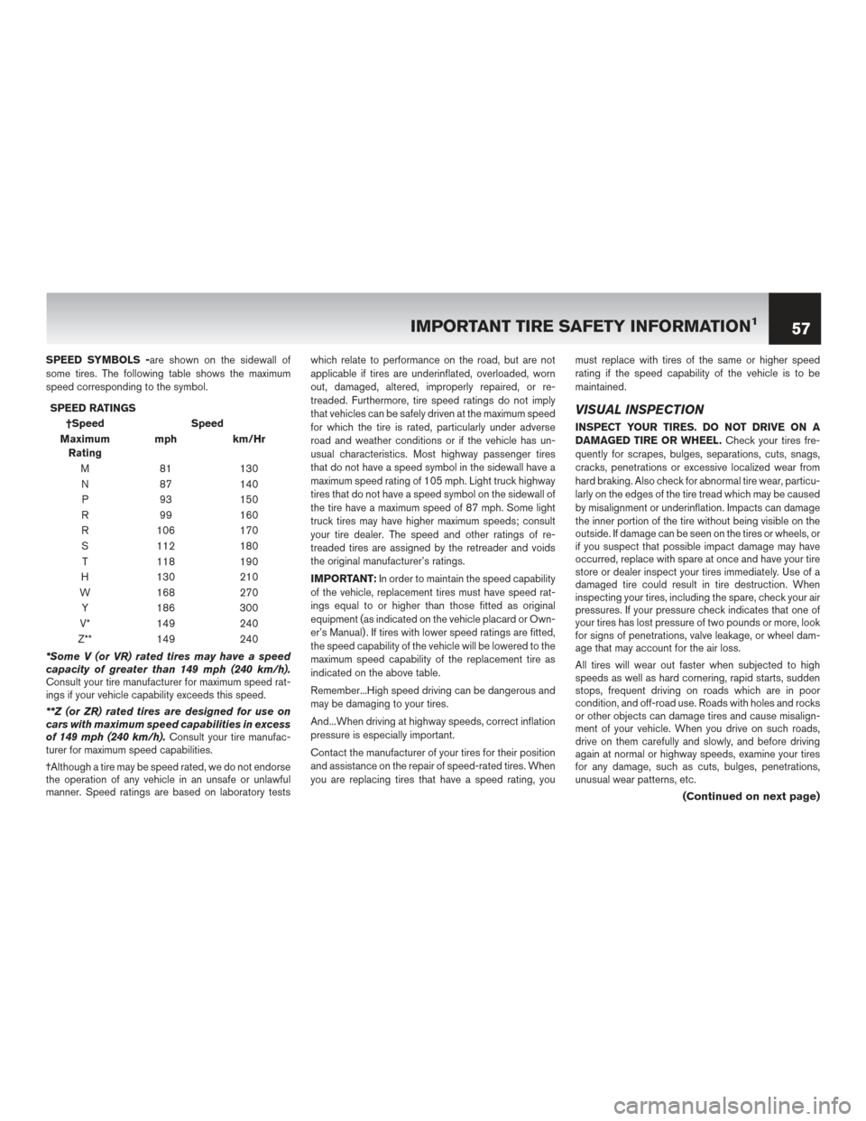 NISSAN MURANO HYBRID 2016 3.G Warranty Booklet SPEED SYMBOLS -are shown on the sidewall of
some tires. The following table shows the maximum
speed corresponding to the symbol.SPEED RATINGS †Speed Speed
Maximum Rating mph km/Hr
M 81 130
N 87 140
NISSAN MURANO HYBRID 2016 3.G Warranty Booklet SPEED SYMBOLS -are shown on the sidewall of
some tires. The following table shows the maximum
speed corresponding to the symbol.SPEED RATINGS †Speed Speed
Maximum Rating mph km/Hr
M 81 130
N 87 140