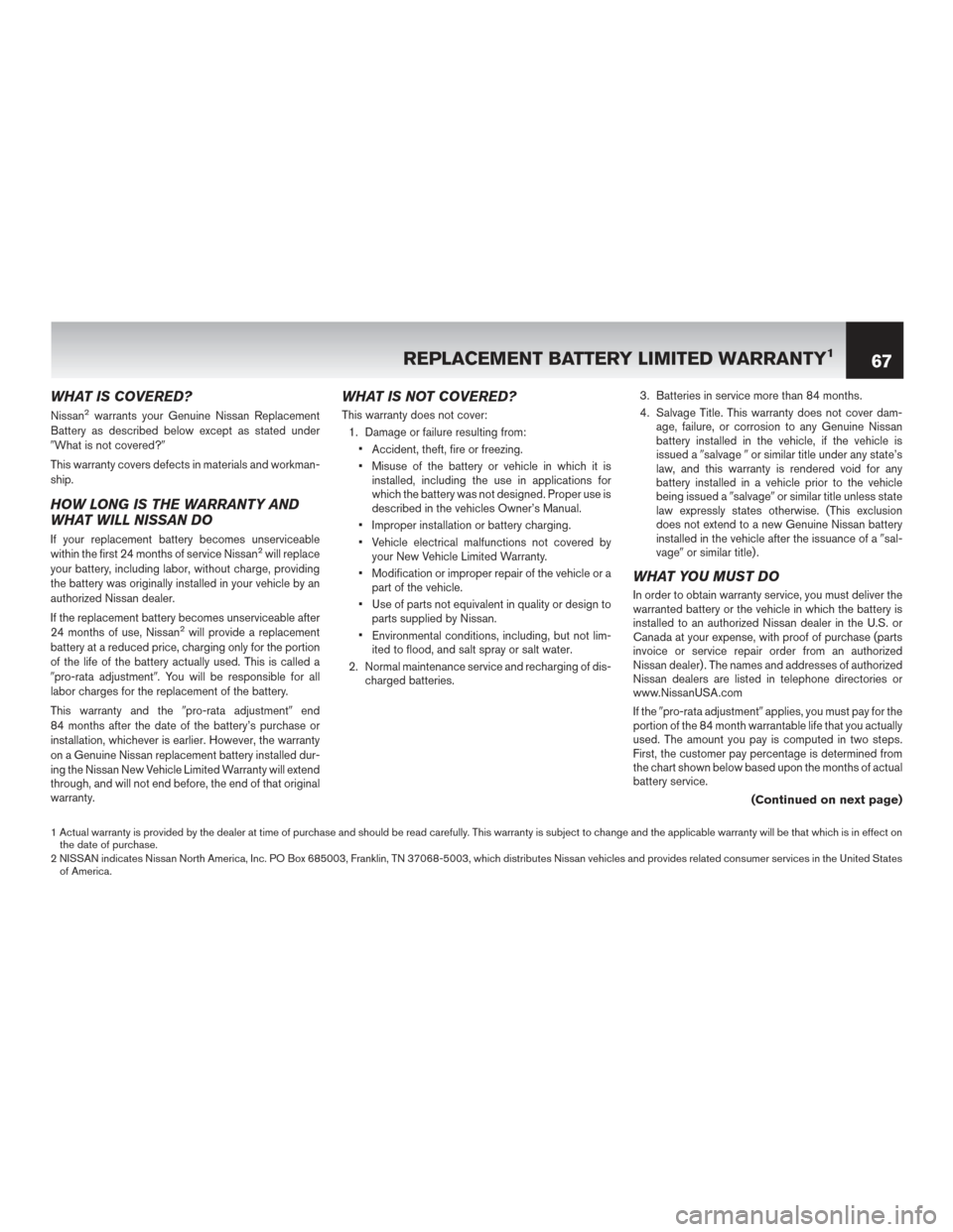 NISSAN MURANO HYBRID 2016 3.G Warranty Booklet WHAT IS COVERED?
Nissan2warrants your Genuine Nissan Replacement
Battery as described below except as stated under
What is not covered?
This warranty covers defects in materials and workman-
ship.
H NISSAN MURANO HYBRID 2016 3.G Warranty Booklet WHAT IS COVERED?
Nissan2warrants your Genuine Nissan Replacement
Battery as described below except as stated under
What is not covered?
This warranty covers defects in materials and workman-
ship.
H