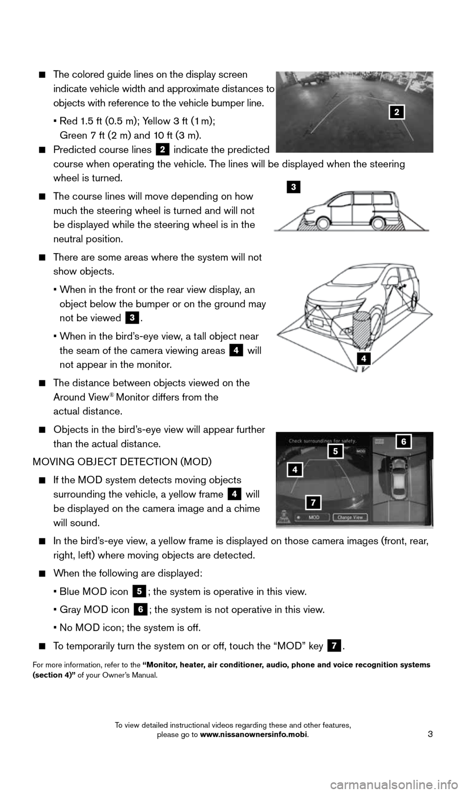 NISSAN QUEST 2016 RE52 / 4.G Quick Reference Guide 3
The colored guide lines on the display screen
indicate vehicle width and approximate distances to
objects with reference to the vehicle bumper line.
• Red 1.5 ft (0.5 m); Yellow 3 ft (1 NISSAN QUEST 2016 RE52 / 4.G Quick Reference Guide 3
The colored guide lines on the display screen
indicate vehicle width and approximate distances to
objects with reference to the vehicle bumper line.
• Red 1.5 ft (0.5 m); Yellow 3 ft (1