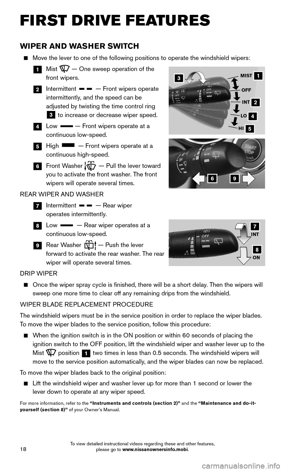 NISSAN ROGUE 2016 2.G Quick Reference Guide 18
FIRST DRIVE FEATURES
INT
ON
7
8
WIPER AND WASHER SWITCH
Move the lever to one of the following positions to operate the windshie\
ld wipers:
1 Mist — One sweep operation of the
front NISSAN ROGUE 2016 2.G Quick Reference Guide 18
FIRST DRIVE FEATURES
INT
ON
7
8
WIPER AND WASHER SWITCH
Move the lever to one of the following positions to operate the windshie\
ld wipers:
1 Mist — One sweep operation of the
front
