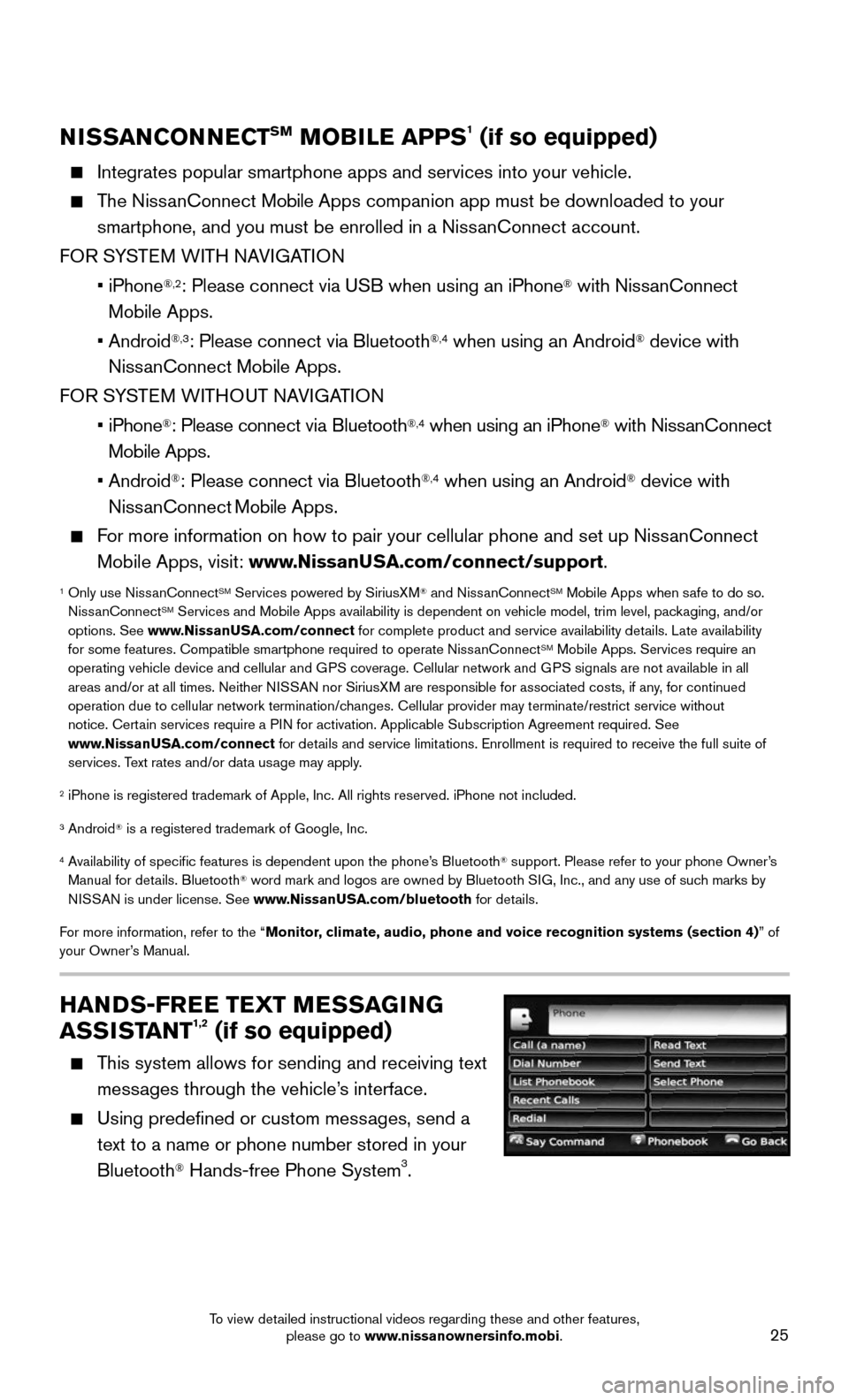 NISSAN ROGUE 2016 2.G Quick Reference Guide 25
NISSANCONNECTSM MOBILE APPS1 (if so equipped)
    Integrates popular smartphone apps and services into your vehicle. 
    The  NissanConnect Mobile Apps companion app must be downloaded to your 
sm