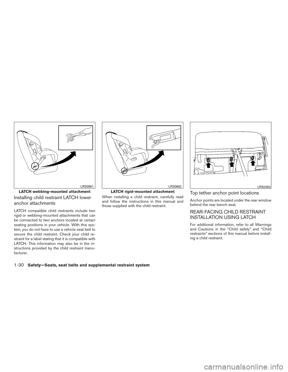 NISSAN TITAN 2016 2.G Owners Manual Installing child restraint LATCH lower
anchor attachments
LATCH compatible child restraints include two
rigid or webbing-mounted attachments that can
be connected to two anchors located at certain
sea NISSAN TITAN 2016 2.G Owners Manual Installing child restraint LATCH lower
anchor attachments
LATCH compatible child restraints include two
rigid or webbing-mounted attachments that can
be connected to two anchors located at certain
sea