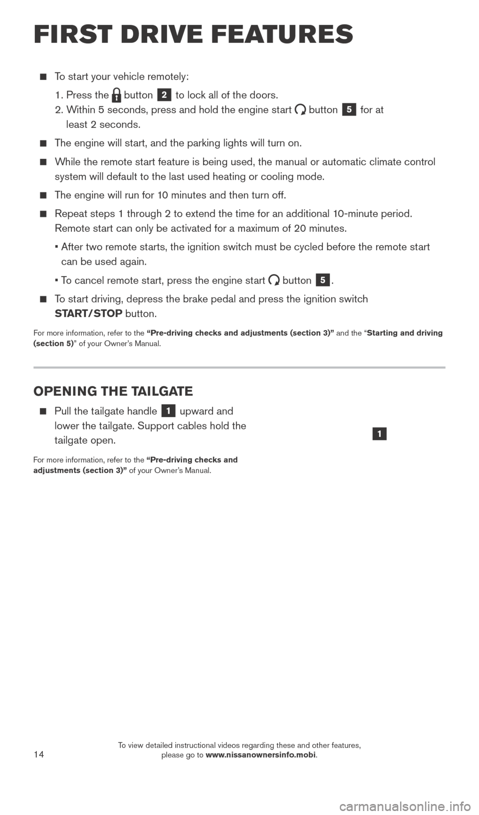 NISSAN TITAN 2016 2.G Quick Reference Guide 14
OPENING THE TAILGATE
    Pull the tailgate handle 1 upward and  
lower the tailgate. Support cables hold the 
tailgate open.
For more information, refer to the “Pre-driving checks and 
adjustment