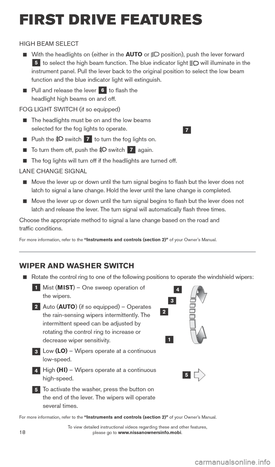 NISSAN TITAN 2016 2.G Quick Reference Guide 18
WIPER AND WASHER SWITCH
    Rotate the control ring to one of the following positions to operate the wi\
ndshield wipers:
  1  Mist (MIST) – One sweep operation of  
the wipers.
  2  Auto ( AUTO)