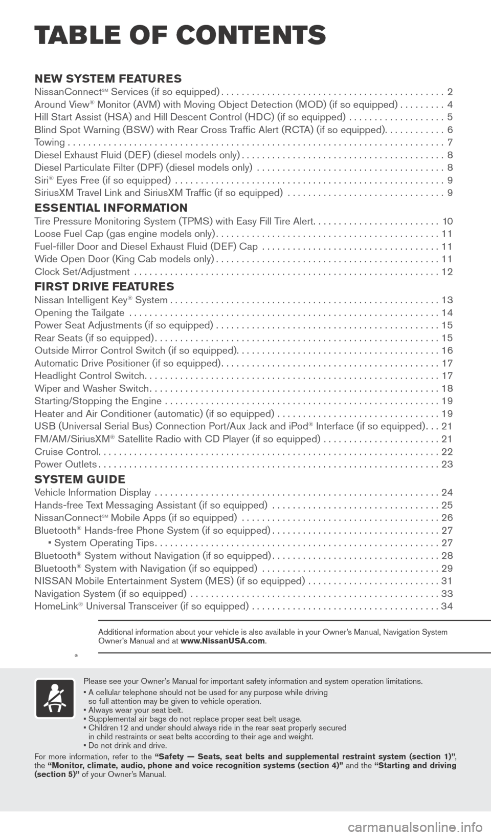 NISSAN TITAN 2016 2.G Quick Reference Guide v
NEW SYSTEM FEATURESNissanConnectsm Services (if so equipped)............................................2
Around V
iew® Monitor (AVM) with Moving Object Detection (MOD) (if so equipped).........4
H