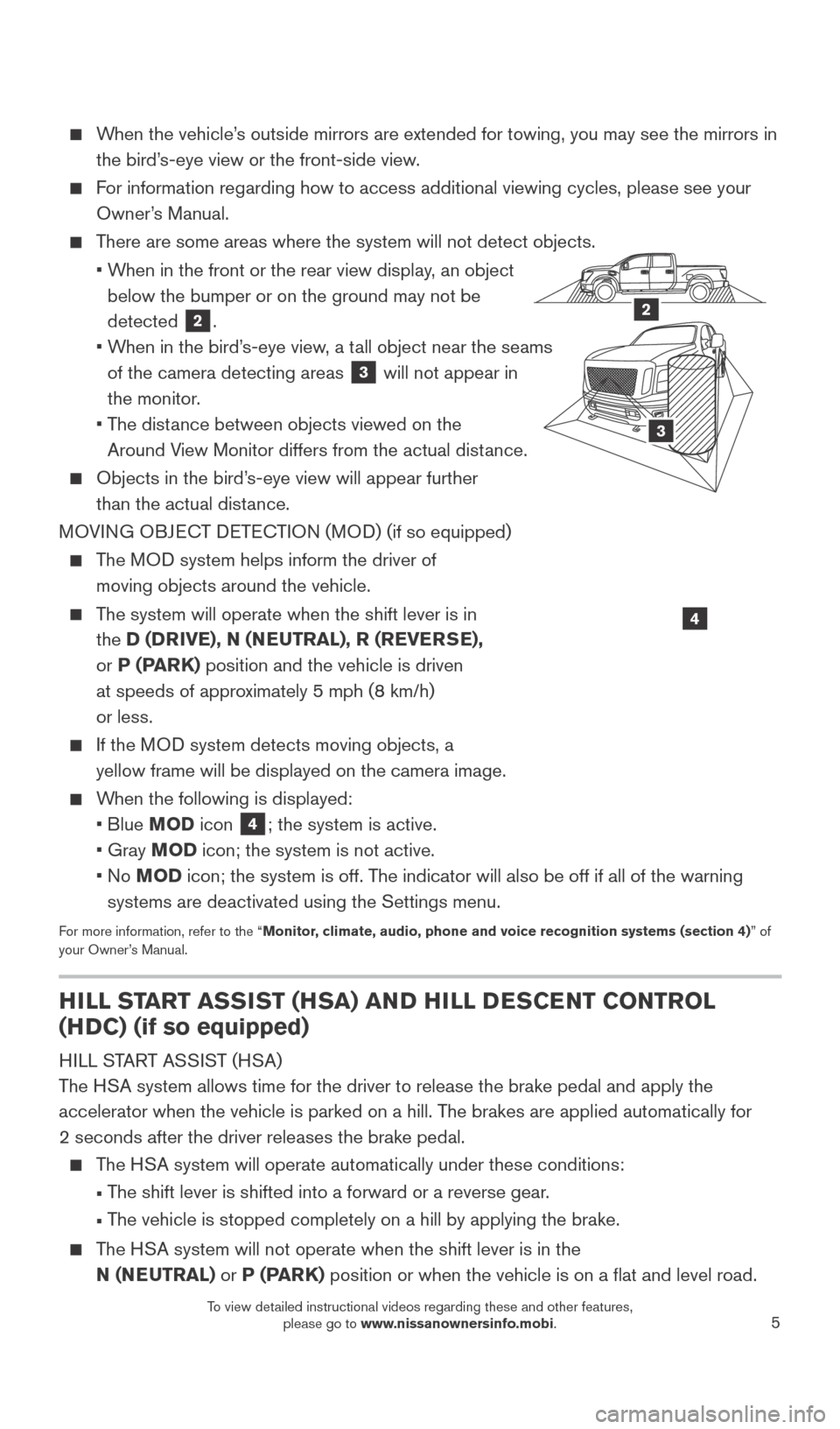 NISSAN TITAN 2016 2.G Quick Reference Guide 5
    When the vehicle’s outside mirrors are extended for towing, you may see the mirrors in the bird’s-eye view or the front-side view.
    For information regarding how to access additional view