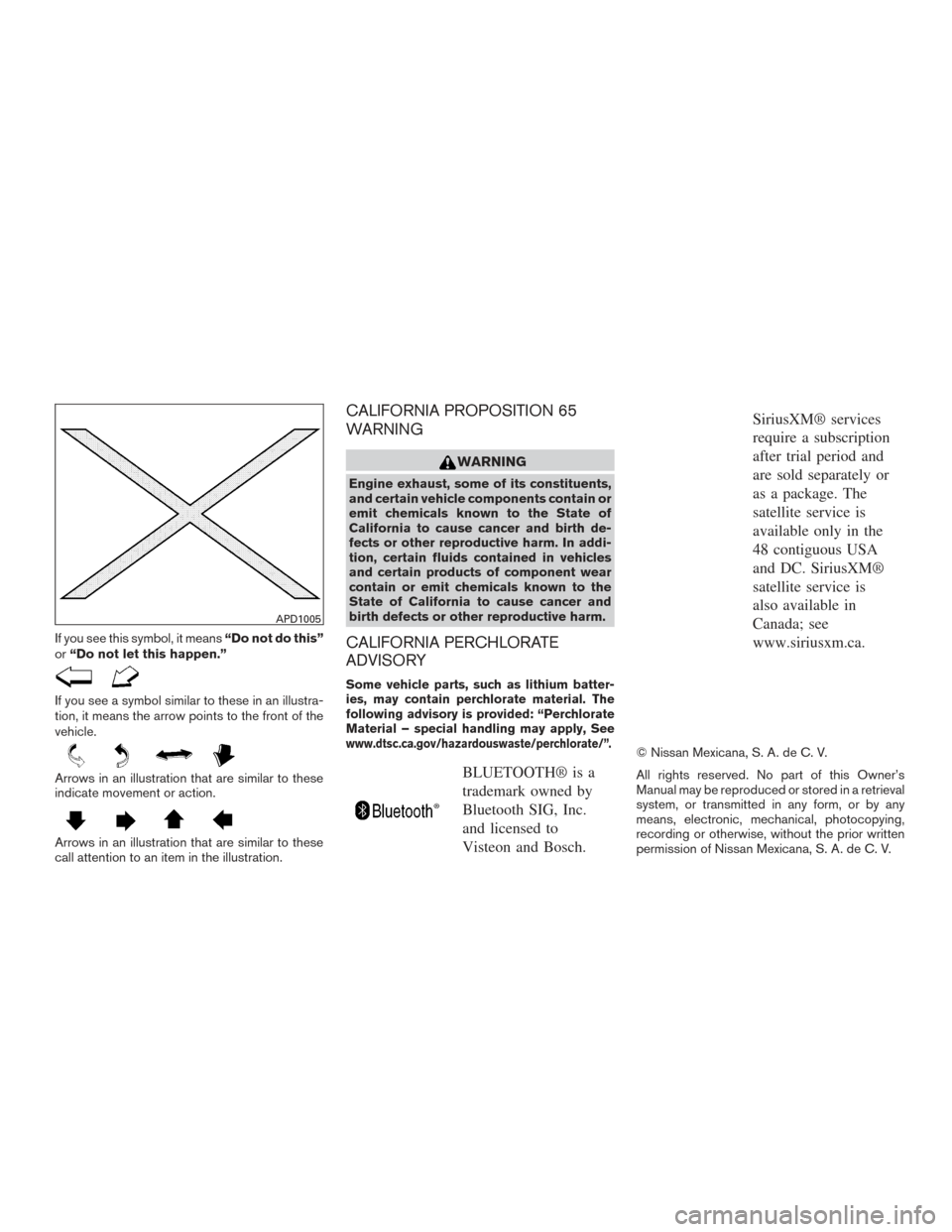 NISSAN VERSA NOTE 2016 2.G Owners Manual If you see this symbol, it means“Do not do this”
or “Do not let this happen.”
If you see a symbol similar to these in an illustra-
tion, it means the arrow points to the front of the
vehicle.
