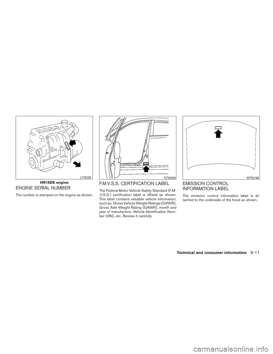 NISSAN VERSA SEDAN 2016 2.G Owners Manual ENGINE SERIAL NUMBER
The number is stamped on the engine as shown.
F.M.V.S.S. CERTIFICATION LABEL
The Federal Motor Vehicle Safety Standard (F.M-
.V.S.S.) certification label is affixed as shown.
This