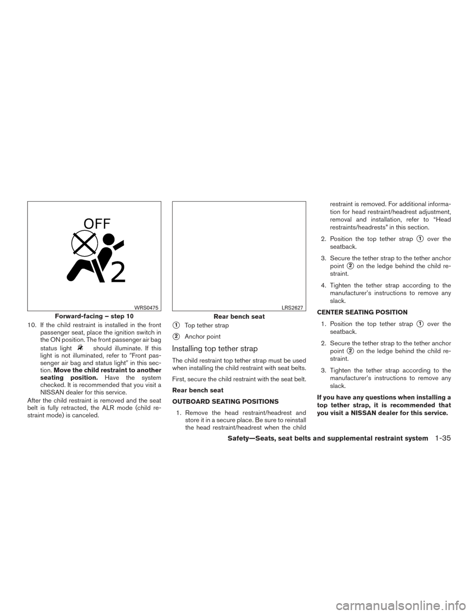 NISSAN VERSA SEDAN 2016 2.G Owners Manual 10. If the child restraint is installed in the frontpassenger seat, place the ignition switch in
the ON position. The front passenger air bag
status light
should illuminate. If this
light is not illum NISSAN VERSA SEDAN 2016 2.G Owners Manual 10. If the child restraint is installed in the frontpassenger seat, place the ignition switch in
the ON position. The front passenger air bag
status light
should illuminate. If this
light is not illum