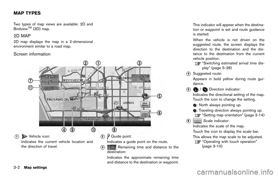 NISSAN ARMADA 2017 2.G 08IT Navigation Manual Two types of map views are available: 2D and
BirdviewTM(3D) map.
2D MAP
2D map displays the map in a 2-dimensional
environment similar to a road map.
Screen information
*1Vehicle icon:
Indicates the c