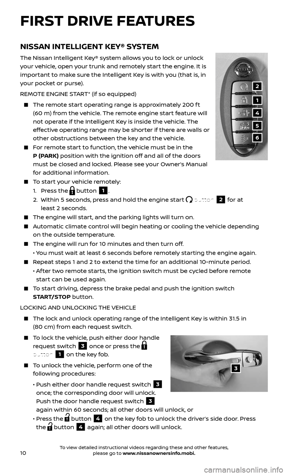 NISSAN ALTIMA 2017 L33 / 5.G Quick Reference Guide 10
NISSAN INTELLIGENT KEY® SYSTEM
The Nissan Intelligent Key® system allows you to lock or unlock  
your vehicle, open your trunk and remotely start the engine. It is 
important to make sure the Int