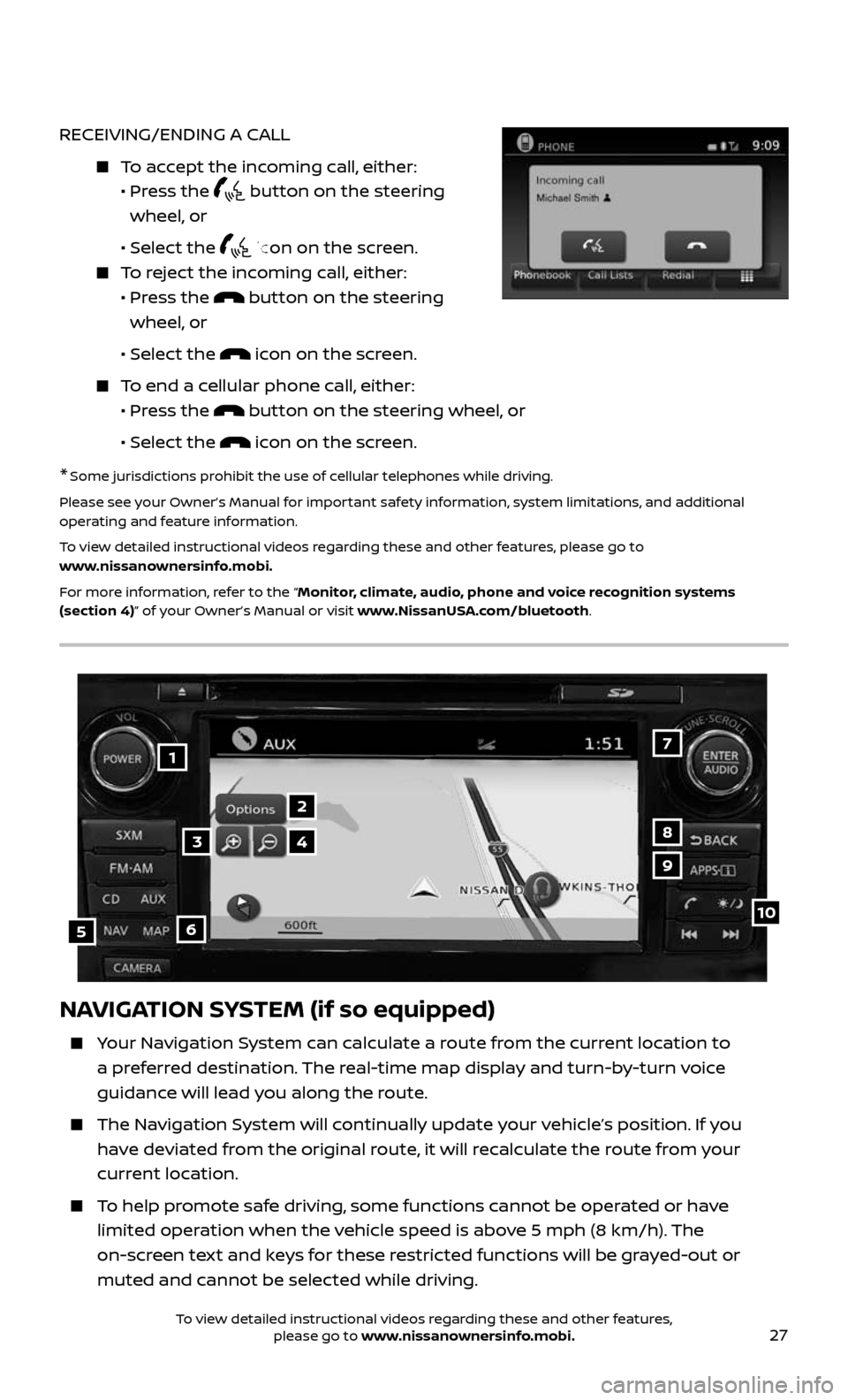 NISSAN ALTIMA 2017 L33 / 5.G Quick Reference Guide 27
RECEIVING/ENDING A CALL
To accept the incoming call, either:
• Pr ess the button on the steering
wheel, or
• Selec t the icon on the screen.
To reject the incoming call, NISSAN ALTIMA 2017 L33 / 5.G Quick Reference Guide 27
RECEIVING/ENDING A CALL
To accept the incoming call, either:
• Pr ess the button on the steering
wheel, or
• Selec t the icon on the screen.
To reject the incoming call,
