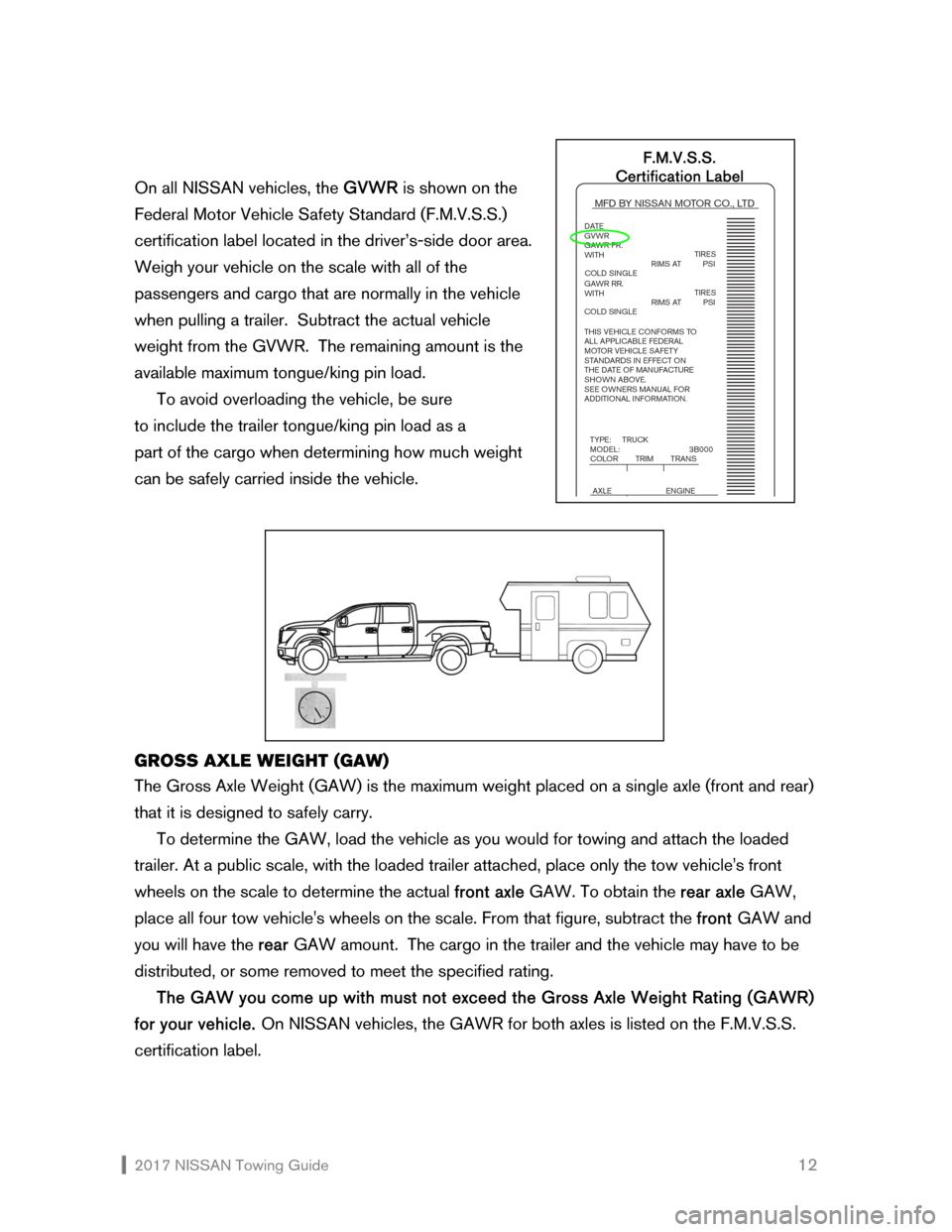 NISSAN QUEST 2017 RE52 / 4.G Towing Guide  2017 NISSAN Towing Guide    12  
On all NISSAN vehicles, the GVWR is shown on the  
Federal Motor Vehicle Safety Standard (F.M.V.S.S.) 
certification label located in the driver’s-side door area.  
