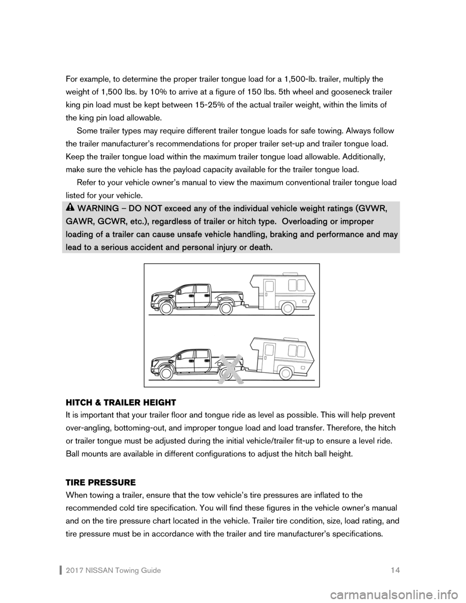 NISSAN GT-R 2017 R35 Towing Guide 2017 NISSAN Towing Guide 14
For example, to determine the proper trailer tongue load for a 1,500-lb. trailer, multiply the
weight of 1,500 lbs. by 10% to arrive at a figure of 150 lbs. 5th wheel NISSAN GT-R 2017 R35 Towing Guide 2017 NISSAN Towing Guide 14
For example, to determine the proper trailer tongue load for a 1,500-lb. trailer, multiply the
weight of 1,500 lbs. by 10% to arrive at a figure of 150 lbs. 5th wheel