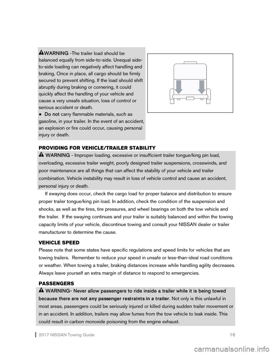 NISSAN QUEST 2017 RE52 / 4.G Towing Guide  2017 NISSAN Towing Guide    16
 
WARNING -The trailer load should be 
balanced equally from side-to-side. Unequal side-
to-side loading can negatively affect handling and 
braking. Once in place, all