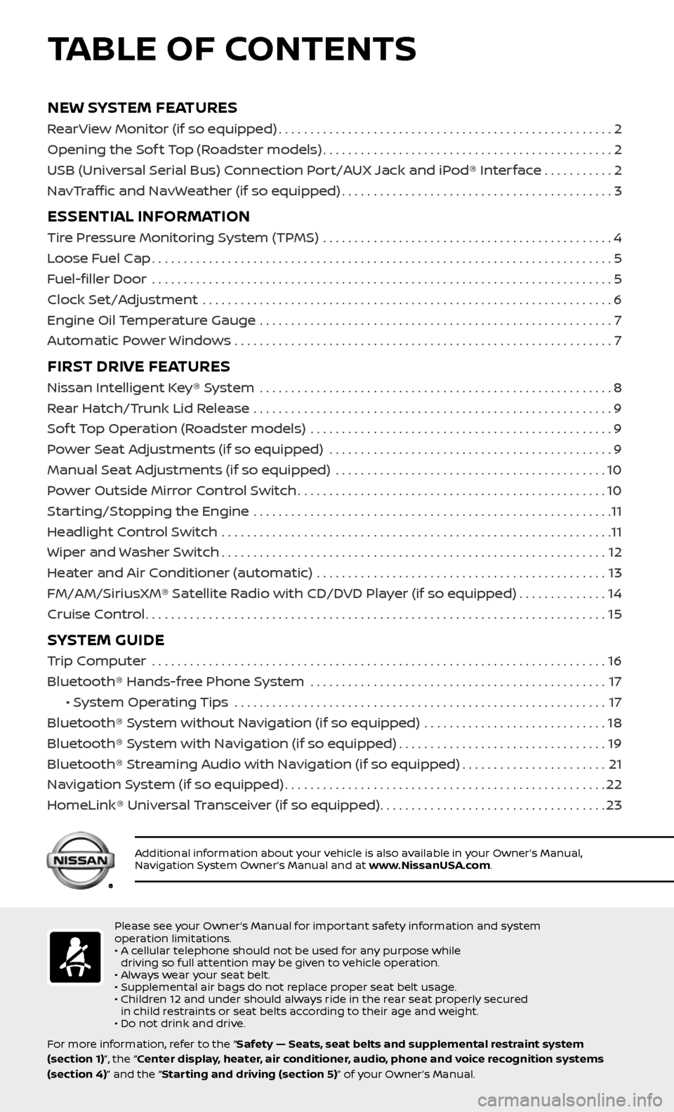 NISSAN 370Z COUPE 2017 Z34 Quick Reference Guide NEW SYSTEM FEATURES
RearView Monitor (if so equipped).....................................................2 
Opening the Sof t Top (Roadster models)
..............................................2 
US