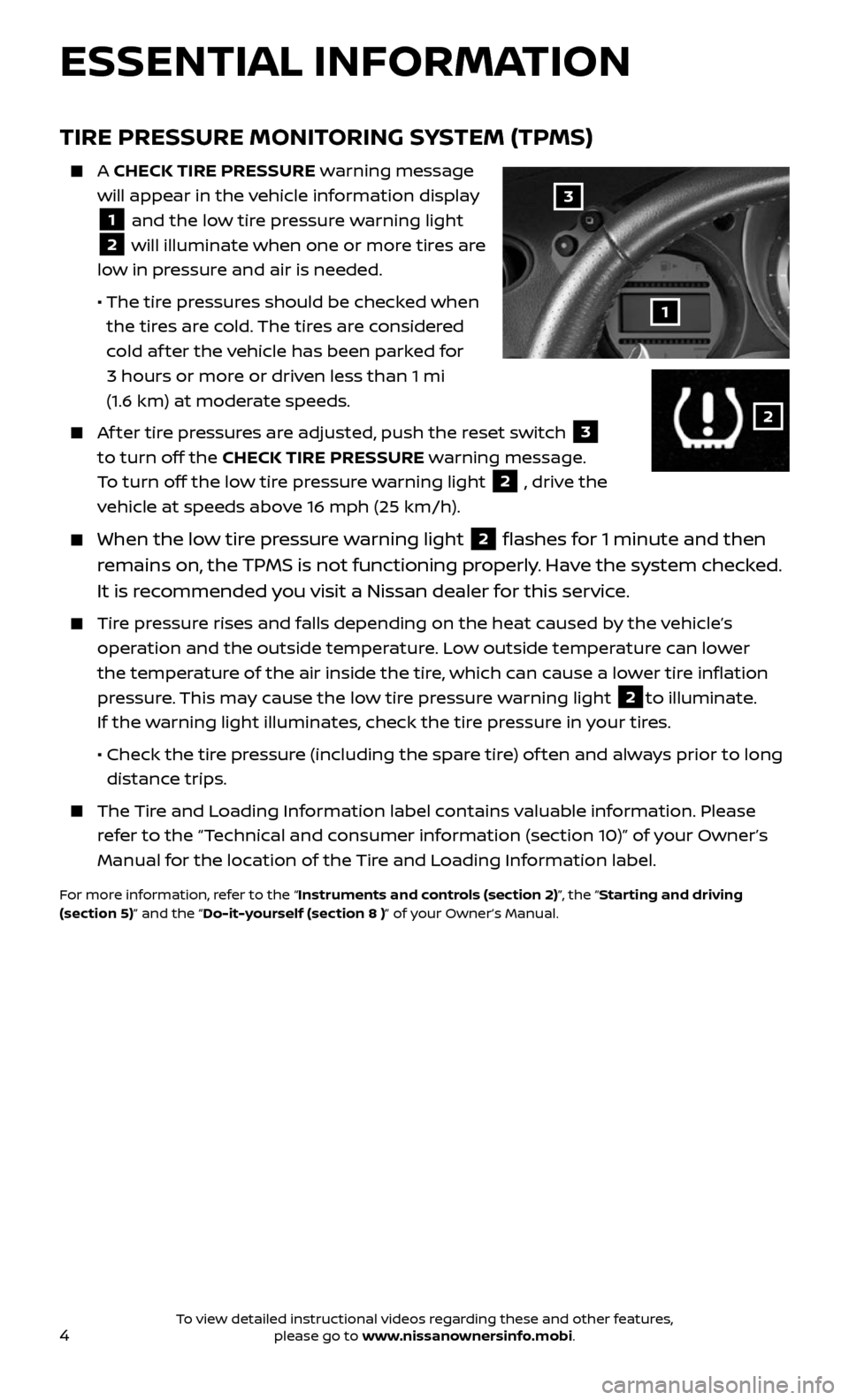 NISSAN 370Z COUPE 2017 Z34 Quick Reference Guide 4
TIRE PRESSURE MONITORING SYSTEM (TPMS)
A CHECK TIRE PRESSURE warning message
will appear in the vehicle information display
1 and the low tire pressure warning light
2 will illuminate when on NISSAN 370Z COUPE 2017 Z34 Quick Reference Guide 4
TIRE PRESSURE MONITORING SYSTEM (TPMS)
A CHECK TIRE PRESSURE warning message
will appear in the vehicle information display
1 and the low tire pressure warning light
2 will illuminate when on