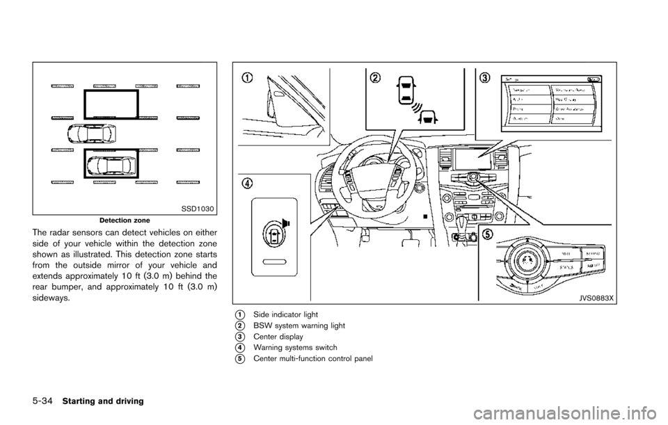 NISSAN ARMADA 2017 2.G Owners Manual 5-34Starting and driving
SSD1030Detection zone
The radar sensors can detect vehicles on either
side of your vehicle within the detection zone
shown as illustrated. This detection zone starts
from the 