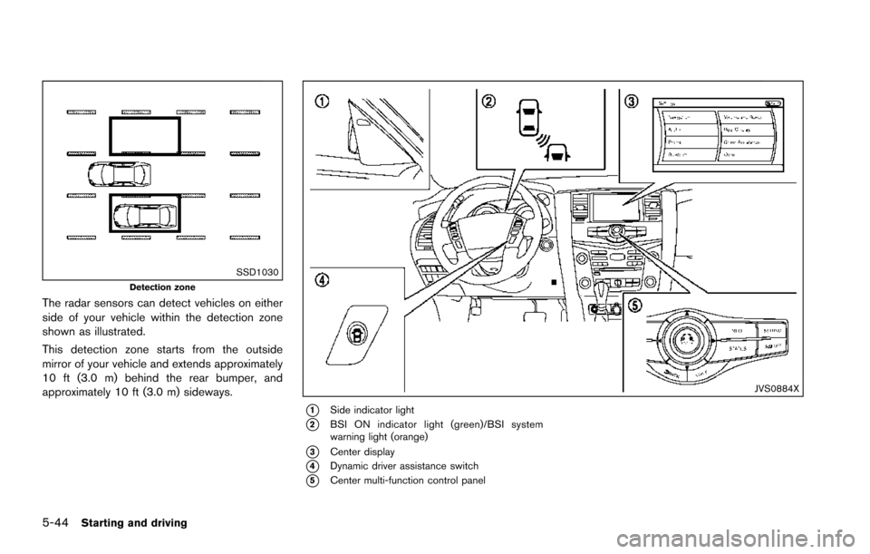 NISSAN ARMADA 2017 2.G Owners Manual 5-44Starting and driving
SSD1030Detection zone
The radar sensors can detect vehicles on either
side of your vehicle within the detection zone
shown as illustrated.
This detection zone starts from the 