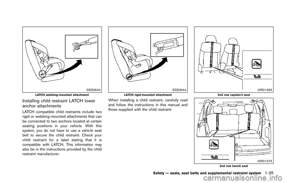 NISSAN ARMADA 2017 2.G Owners Manual SSS0643LATCH webbing-mounted attachment
Installing child restraint LATCH lower
anchor attachments
LATCH compatible child restraints include two
rigid or webbing-mounted attachments that can
be connect
