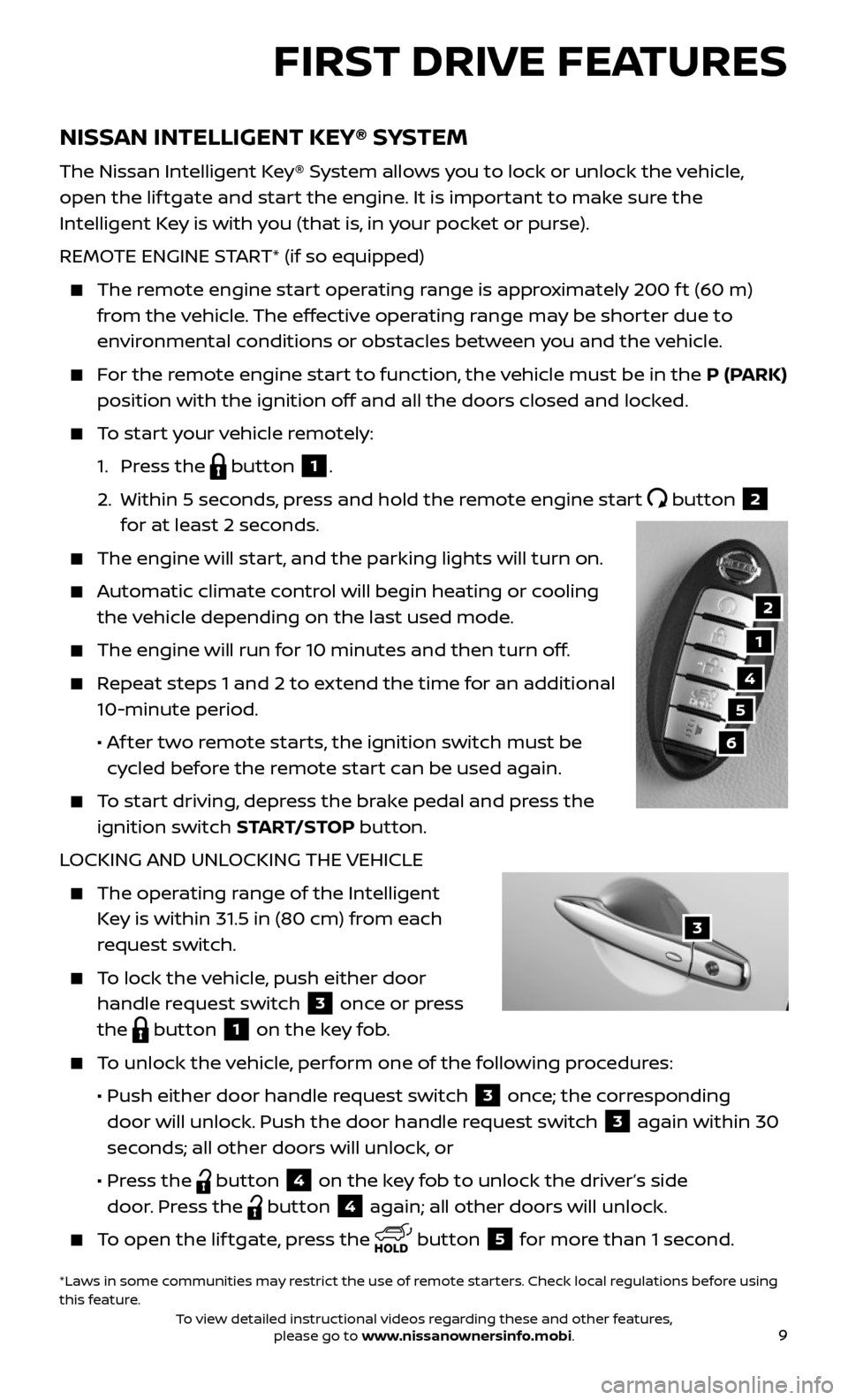 NISSAN ARMADA 2017 2.G Quick Reference Guide 9
NISSAN INTELLIGENT KEY® SYSTEM
The Nissan Intelligent Key® System allows you to lock or unlock the vehicle, 
open the lif tgate and start the engine. It is important to make sure the 
Intelligent 
