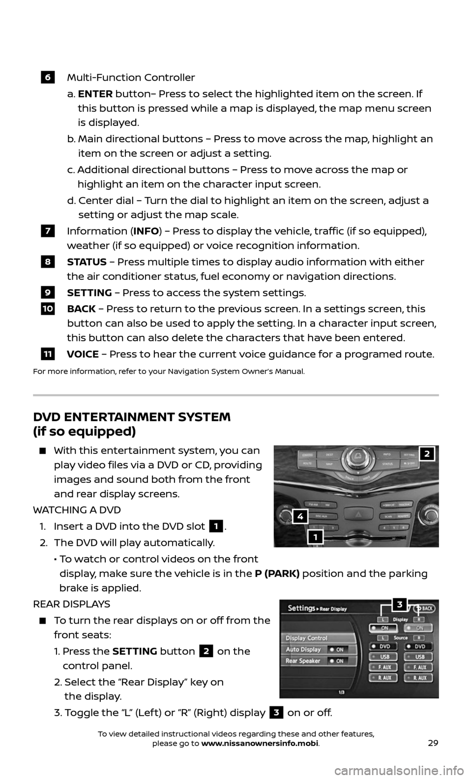 NISSAN ARMADA 2017 2.G Quick Reference Guide 29
 6   Multi-Function  Controller
    a.  ENTER button– Press to select the highlighted item on the screen. If 
this button is pressed while a map is displayed, the map menu screen 
is displayed.
 