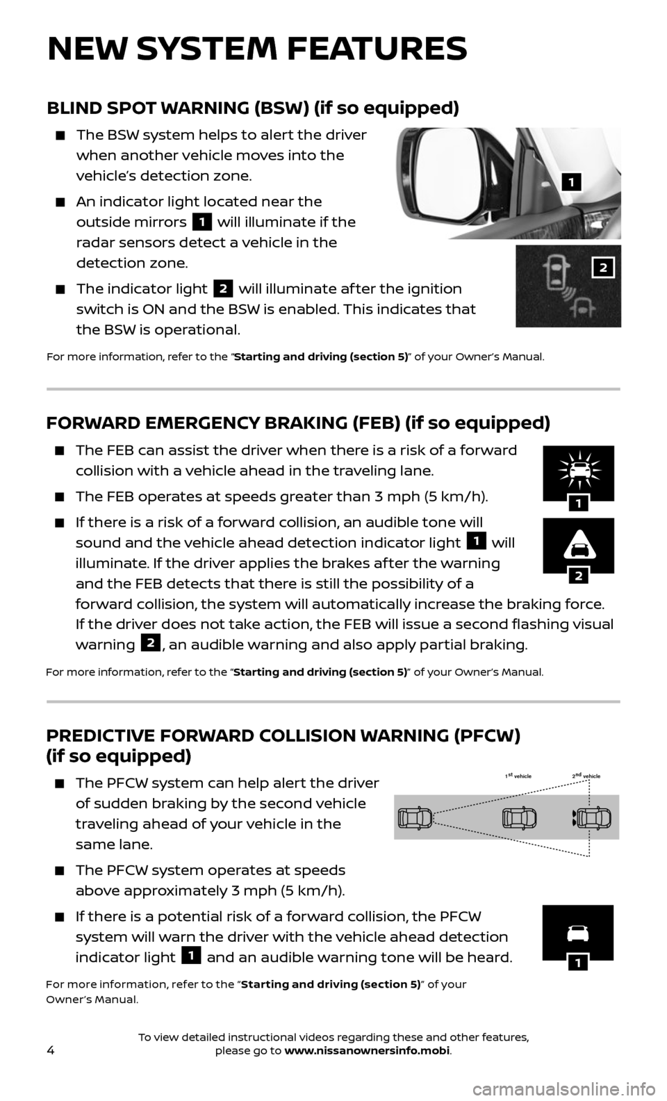 NISSAN ARMADA 2017 2.G Quick Reference Guide 4
PREDICTIVE FORWARD COLLISION WARNING (PFCW) 
(if so equipped)
    The PFCW system can help alert the driver 
of sudden braking by the second vehicle 
traveling ahead of your vehicle in the  
same la