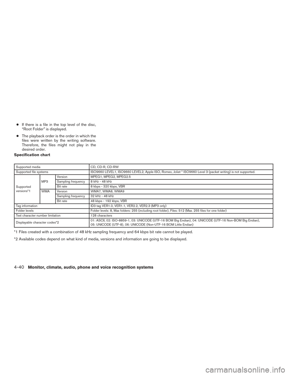 NISSAN FRONTIER 2017 D23 / 3.G Owners Manual ●If there is a file in the top level of the disc,
“Root Folder” is displayed.
● The playback order is the order in which the
files were written by the writing software.
Therefore, the files mi
