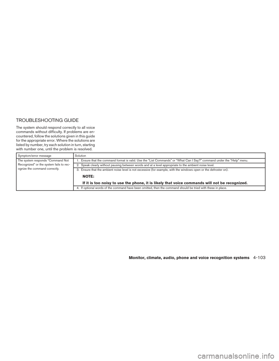 NISSAN FRONTIER 2017 D23 / 3.G Owners Manual TROUBLESHOOTING GUIDE
The system should respond correctly to all voice
commands without difficulty. If problems are en-
countered, follow the solutions given in this guide
for the appropriate error. W