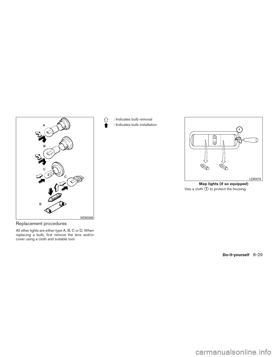 NISSAN FRONTIER 2017 D23 / 3.G Owners Manual Replacement procedures
All other lights are either type A, B, C or D. When
replacing a bulb, first remove the lens and/or
cover using a cloth and suitable tool.
: Indicates bulb removal
: Indicates bu