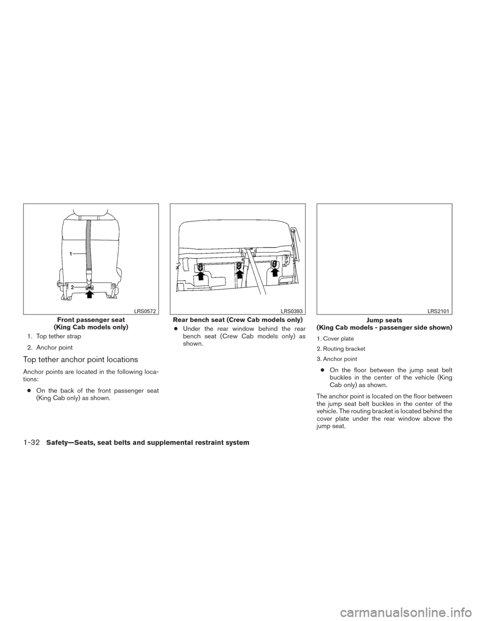 NISSAN FRONTIER 2017 D23 / 3.G Owners Manual 1. Top tether strap
2. Anchor point
Top tether anchor point locations
Anchor points are located in the following loca-
tions:● On the back of the front passenger seat
(King Cab only) as shown. ●
U