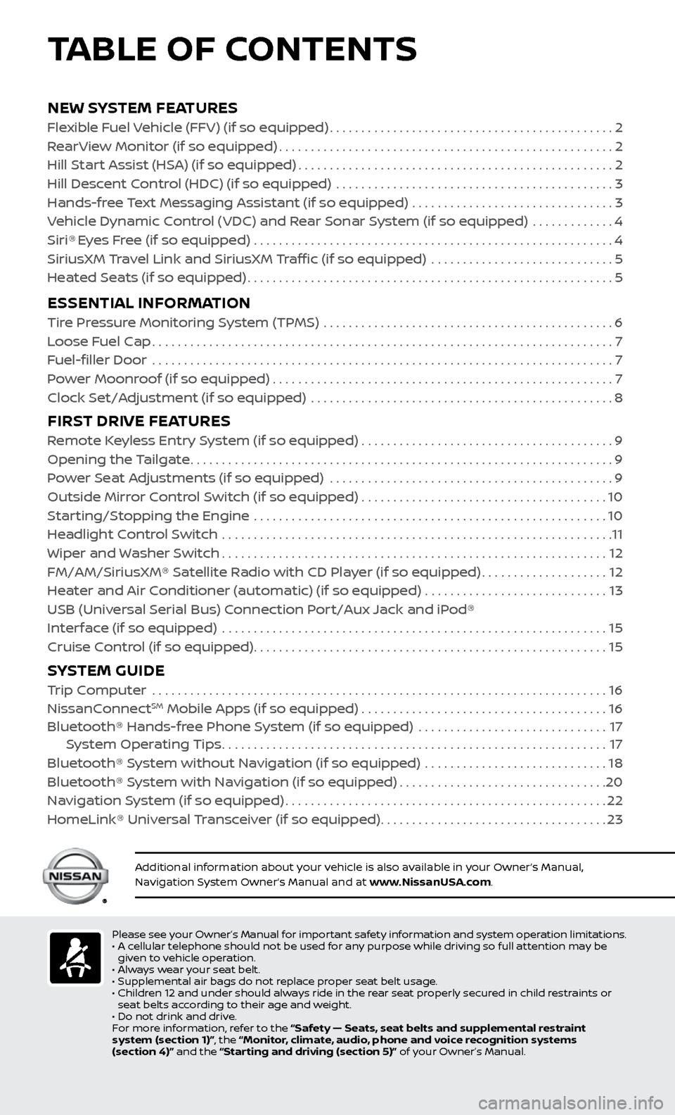 NISSAN FRONTIER 2017 D23 / 3.G Quick Reference Guide NEW SYSTEM FEATURESFlexible Fuel Vehicle (FFV) (if so equipped).............................................2
R earView Monitor (if so equipped).....................................................2
H NISSAN FRONTIER 2017 D23 / 3.G Quick Reference Guide NEW SYSTEM FEATURESFlexible Fuel Vehicle (FFV) (if so equipped).............................................2
R earView Monitor (if so equipped).....................................................2
H