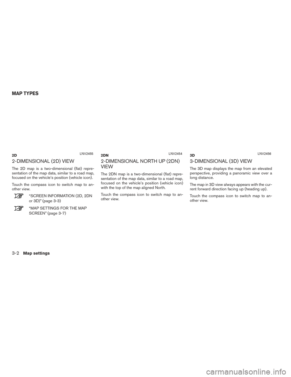 NISSAN NV200 2017 1.G LC2 Kai Navigation Manual 2-DIMENSIONAL (2D) VIEW
The 2D map is a two-dimensional (flat) repre-
sentation of the map data, similar to a road map,
focused on the vehicle’s position (vehicle icon) .
Touch the compass icon to s