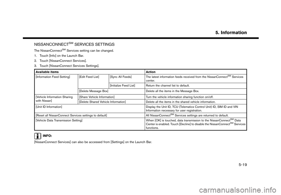 NISSAN GT-R 2017 R35 Multi Function Display Owners Manual NISSANCONNECTSMSERVICES SETTINGS
The NissanConnectSMServices setting can be changed.
1. Touch [Info] on the Launch Bar.
2. Touch [NissanConnect Services].
3. Touch [NissanConnect Services Settings].
A