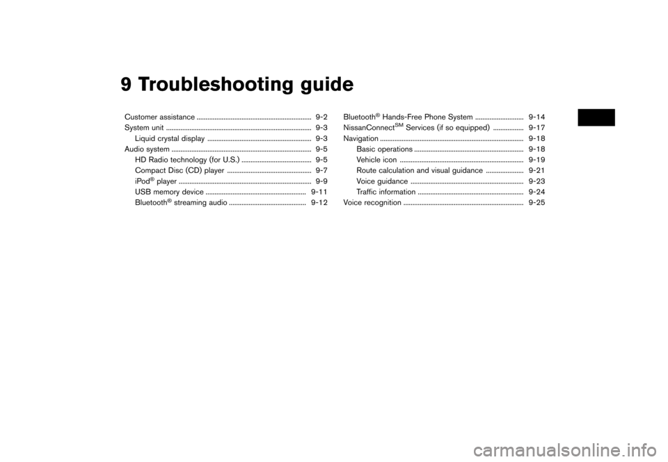 NISSAN GT-R 2017 R35 Multi Function Display Owners Manual 9 Troubleshooting guide
Customer assistance ................................................................ 9-2
System unit ........................................................................\
.