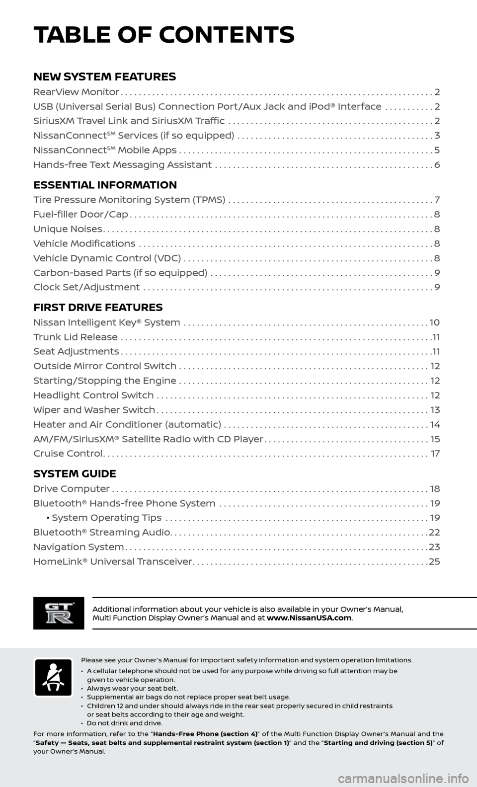 NISSAN GT-R 2017 R35 Quick Reference Guide TABLE OF CONTENTS
Additional information about your vehicle is also available in your Owner’s Manual,  
Multi Function Display Owner’s Manual and at www.NissanUSA.com.
NEW SYSTEM FEATURES
RearView