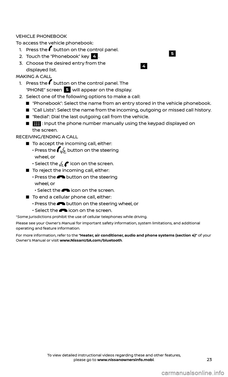 NISSAN JUKE 2017 F15 / 1.G Quick Reference Guide 23
VEHICLE PHONEBOOK
To access the vehicle phonebook: 
 1. Pr
ess the 
 button on the control panel.
 2. T

ouch the “Phonebook” key 
4.
 3. 

 
Choose the desir

ed entry from the  
displayed lis