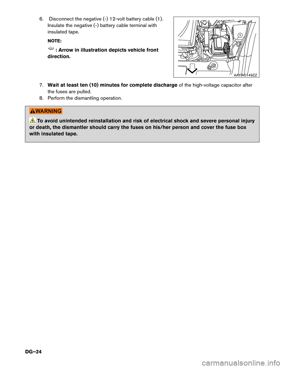 NISSAN LEAF 2017 1.G Dismantling Guide 6. Disconnect the negative (-) 12-volt battery cable (1) .
Insulate the negative (-) battery cable terminal with
insulated tape.
NOTE: : Arrow in illustration depicts vehicle front
direction.
7. Wait
