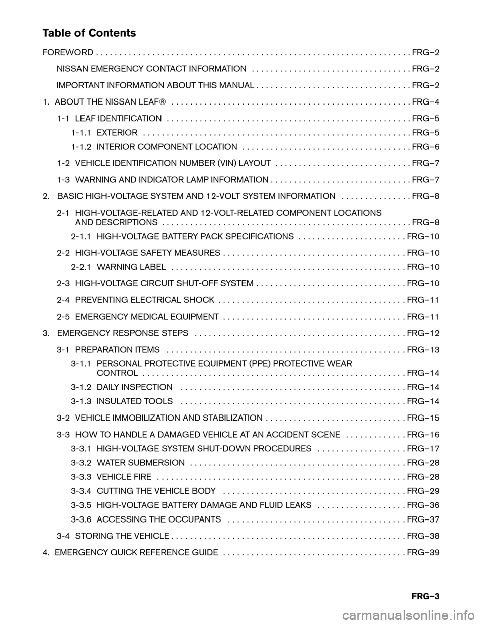 NISSAN LEAF 2017 1.G First Responders Guide Table of Contents
FOREWORD
. . . . . . . . . . . . . . . . . . . . . . . . . . . . . . . . . . . . . . . . . . . . . . . . . . . . . . . . . . . . . . . . . . . FRG–2
NISSAN EMERGENCY CONTACT INFORM NISSAN LEAF 2017 1.G First Responders Guide Table of Contents
FOREWORD
. . . . . . . . . . . . . . . . . . . . . . . . . . . . . . . . . . . . . . . . . . . . . . . . . . . . . . . . . . . . . . . . . . . FRG–2
NISSAN EMERGENCY CONTACT INFORM