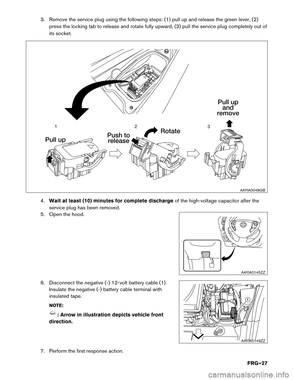 NISSAN LEAF 2017 1.G First Responders Guide 3. Remove the service plug using the following steps: (1) pull up and release the green lever, (2)
press the locking tab to release and rotate fully upward, (3) pull the service plug completely out of