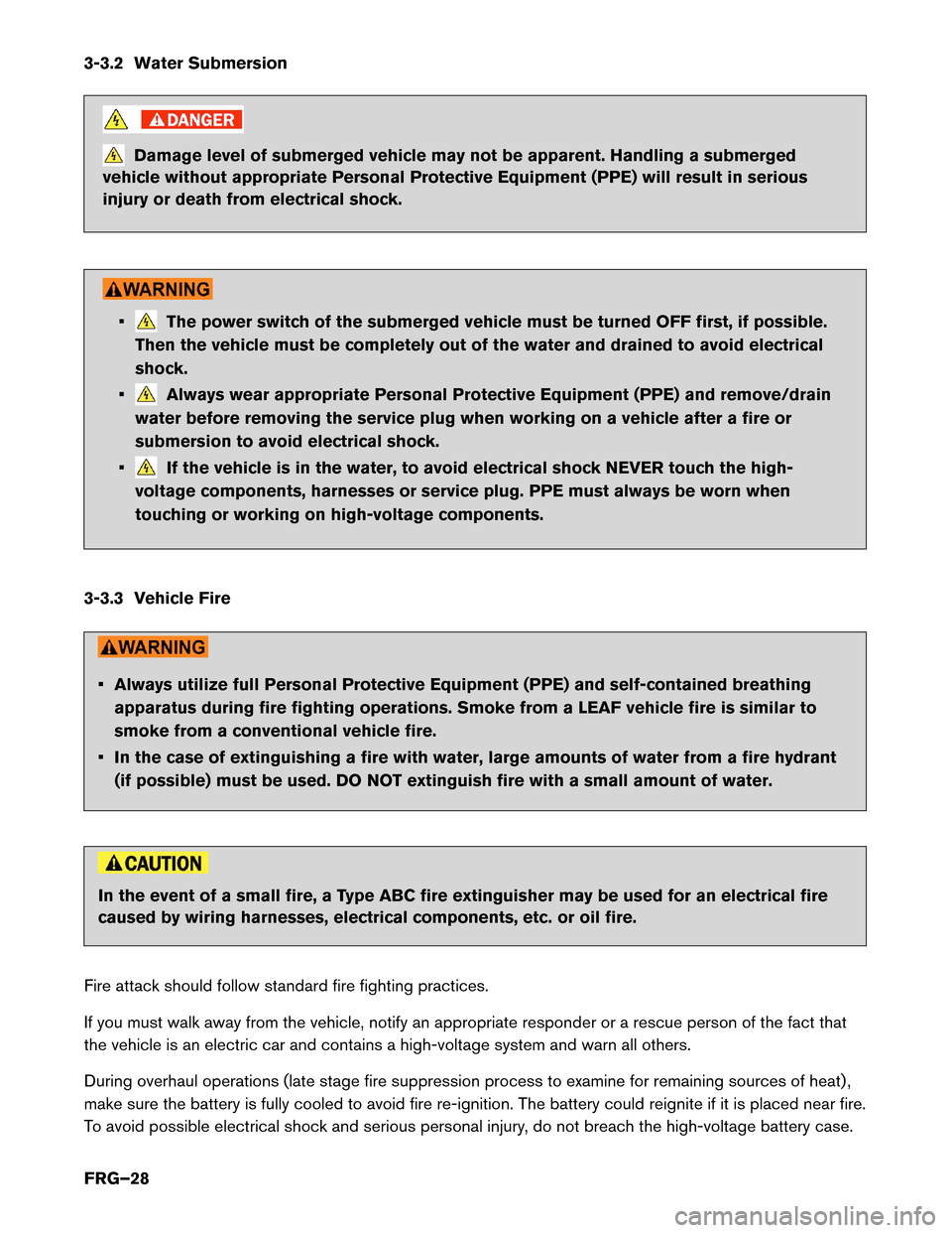 NISSAN LEAF 2017 1.G First Responders Guide 3-3.2 Water Submersion
Damage level of submerged vehicle may not be apparent. Handling a submerged
vehicle without appropriate Personal Protective Equipment (PPE) will result in serious
injury or deat NISSAN LEAF 2017 1.G First Responders Guide 3-3.2 Water Submersion
Damage level of submerged vehicle may not be apparent. Handling a submerged
vehicle without appropriate Personal Protective Equipment (PPE) will result in serious
injury or deat